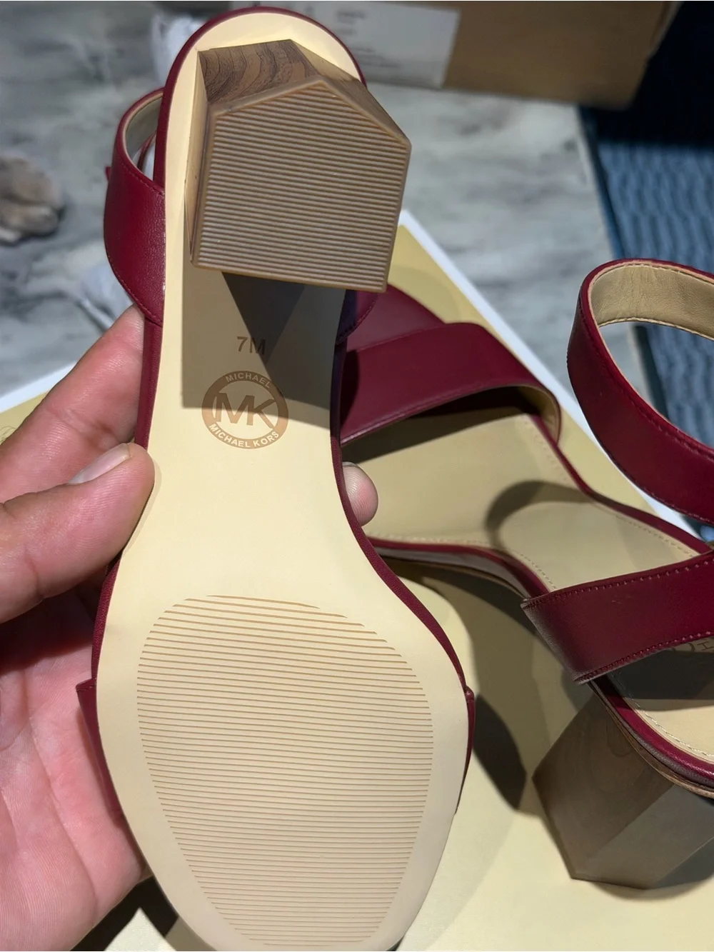 Michael Kors Burgundy Ankle-Strap Block Heel Sandals maroon color